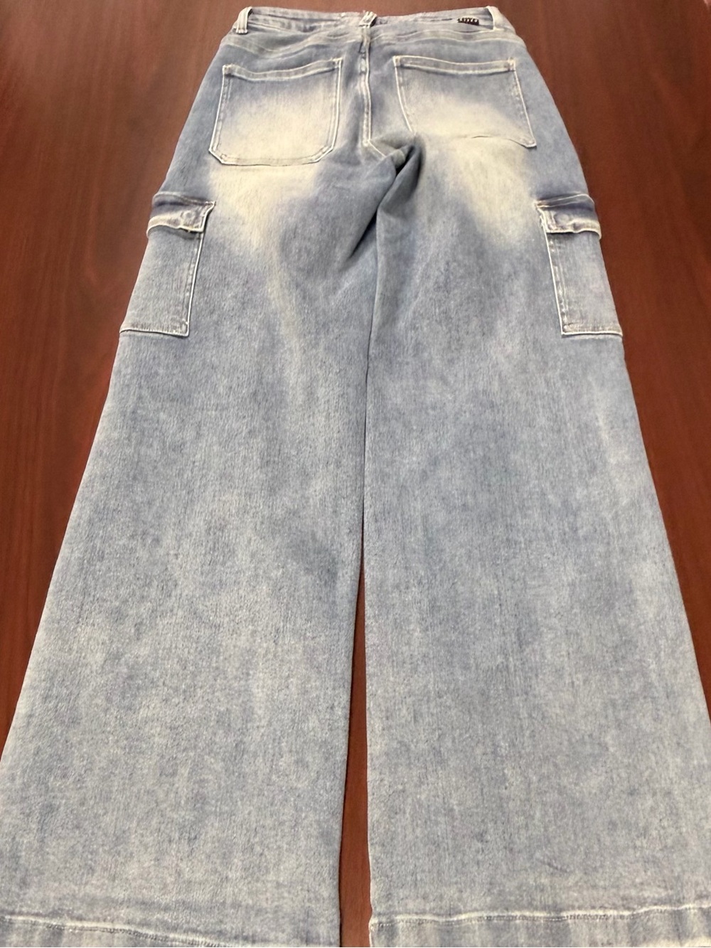 Light Wash Wide Leg Cargo Jeans with Drawstring Waist - Picture 6 of 6